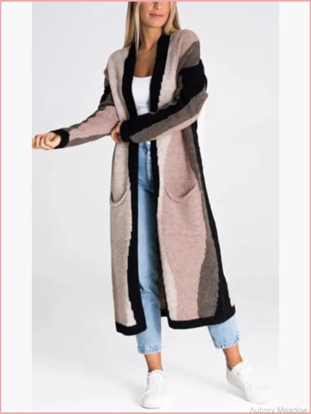 Color Block Open Front Long Cardigan Sweater Coat with Pockets
